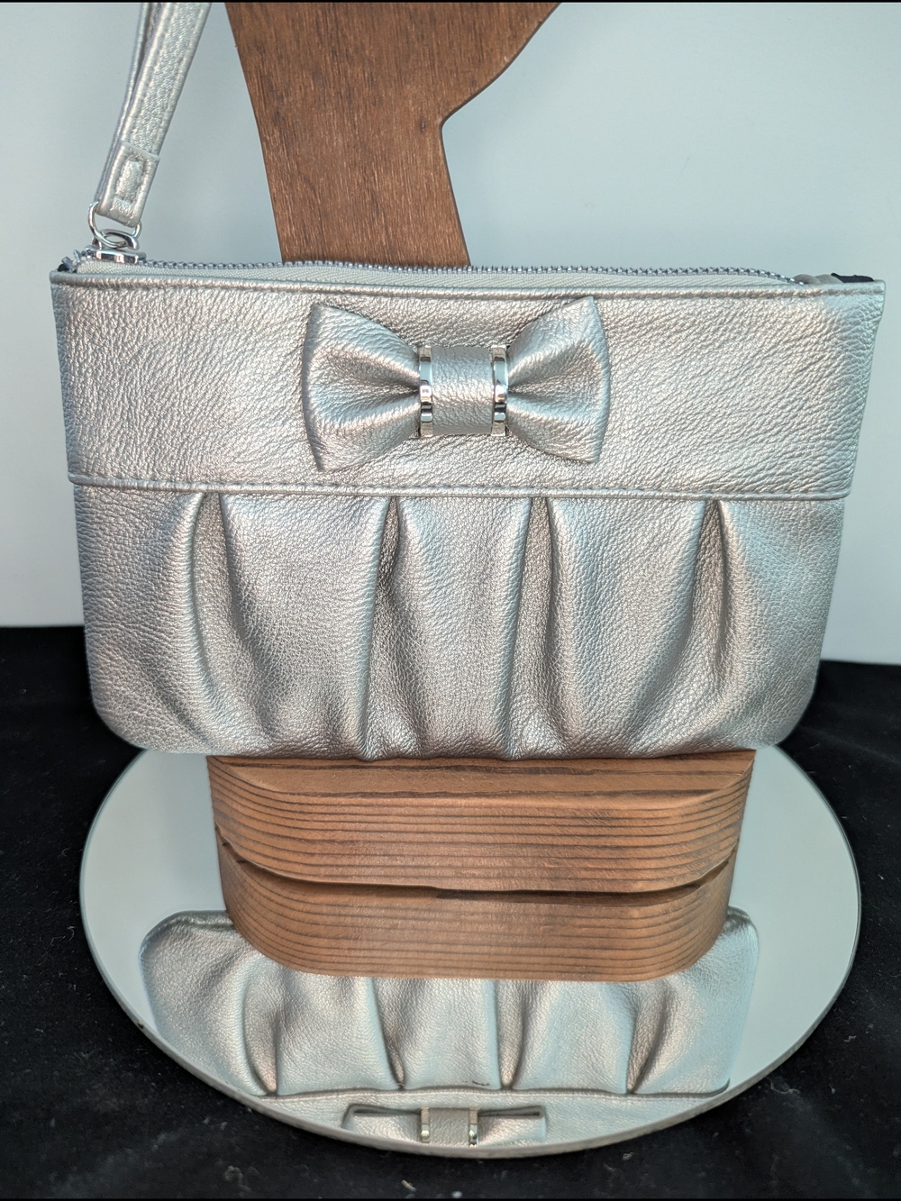 Silver Metallic Bow Clutch Wristlet | Pleated Faux Leather | Evening Bag